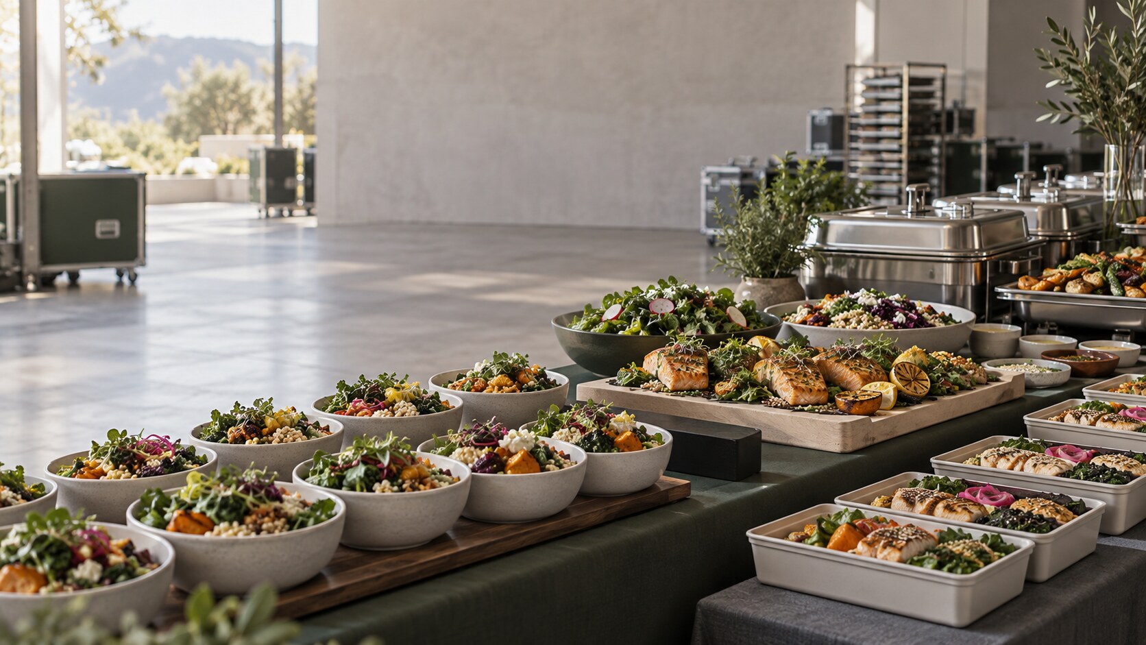Installation de catering Amarelle composée de repas individuels et de plats à partager