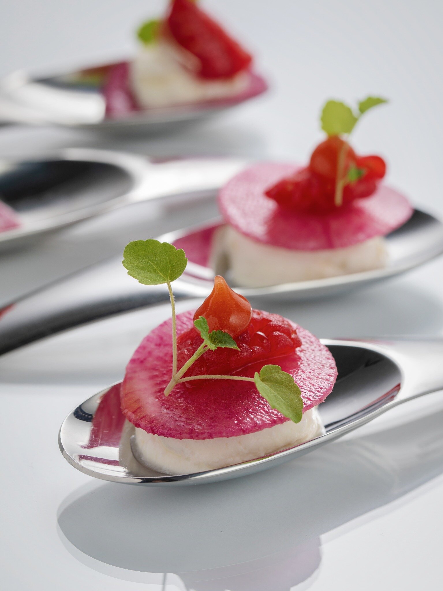 Pièces cocktail dressées sur des cuillères de service